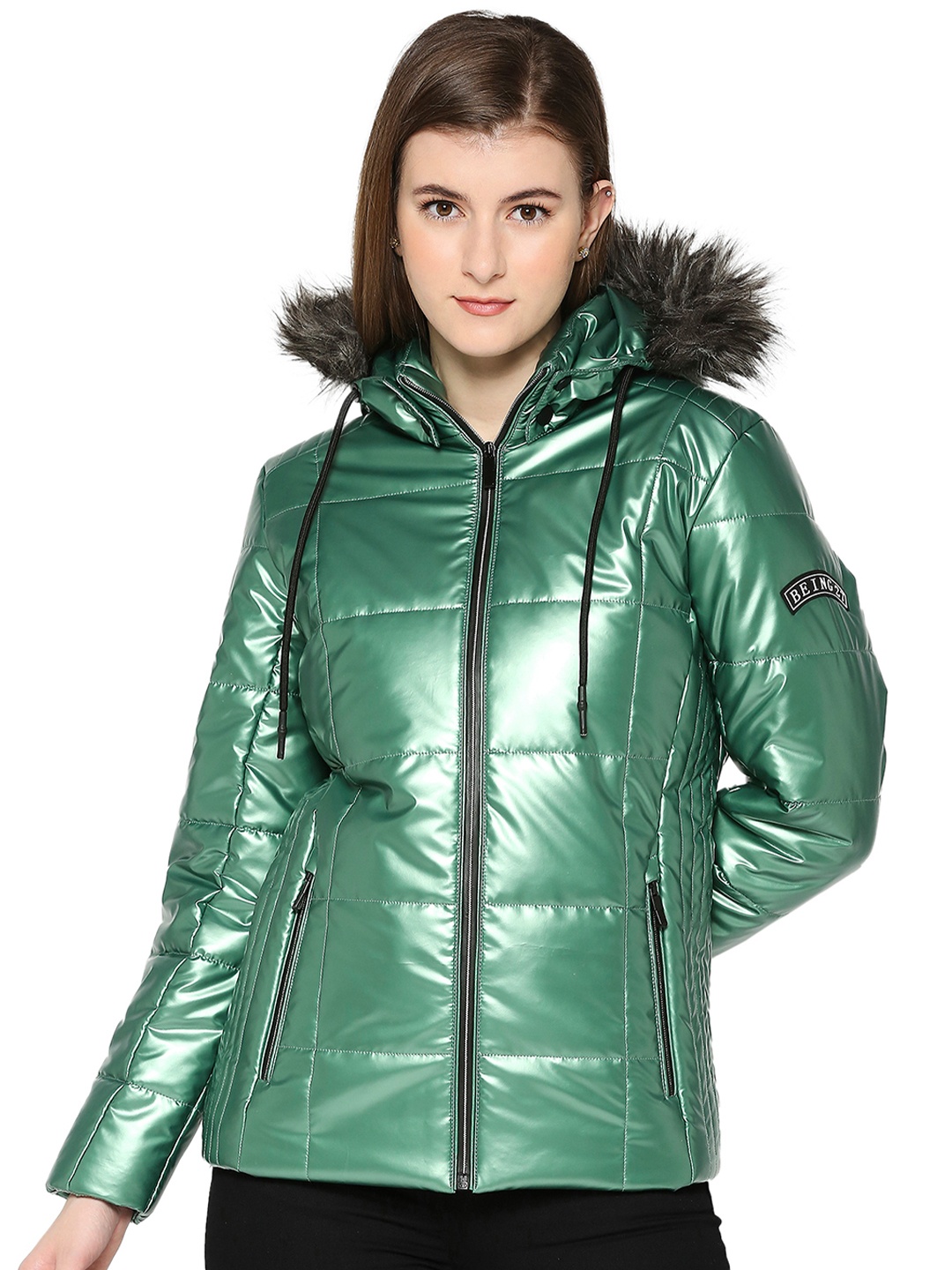 

Being Human Hooded Long Sleeves Faux Fur Trim Padded Jacket, Green