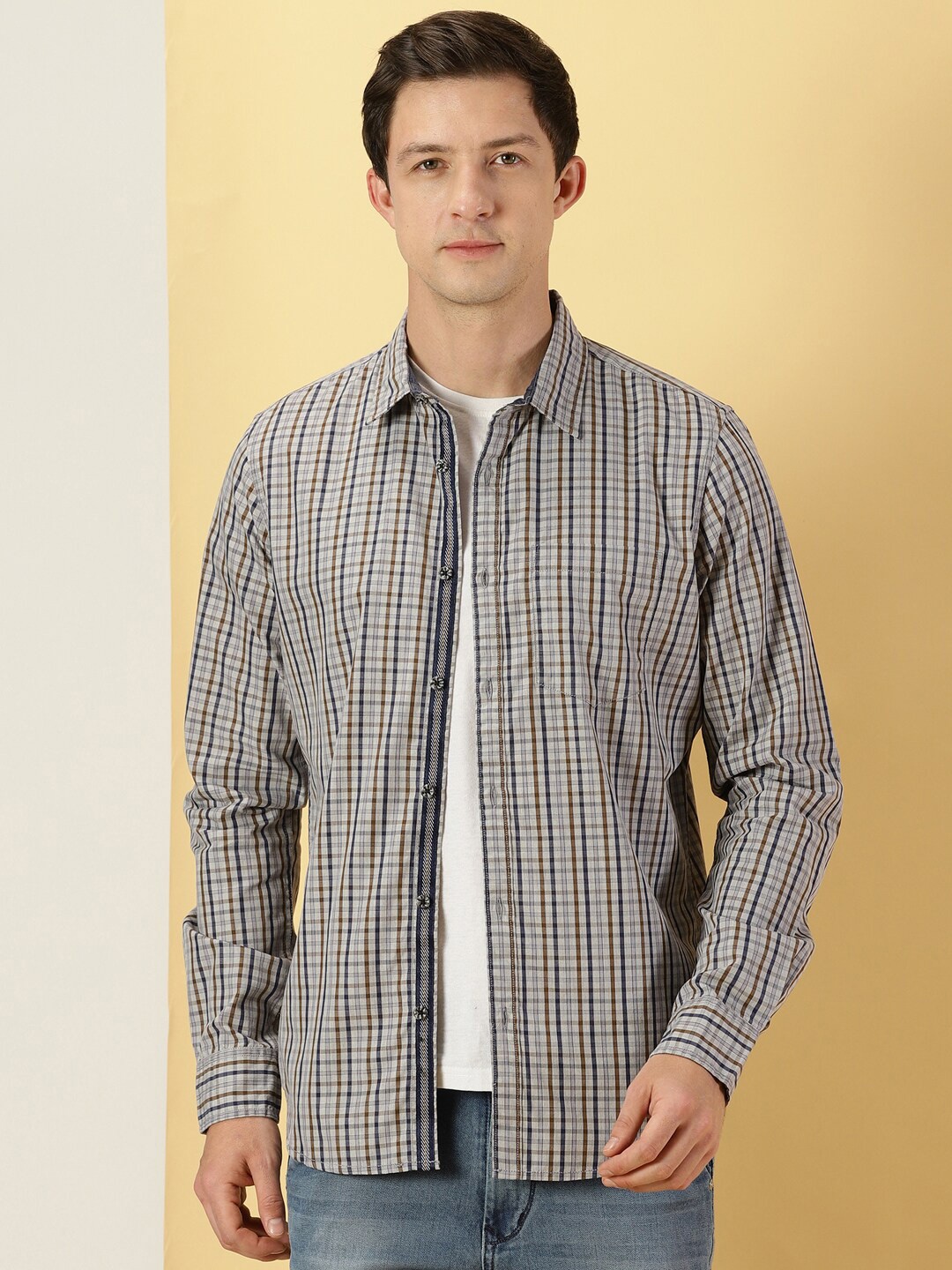 

Thomas Scott Classic Slim Fit Tartan Checks Cotton Casual Shirt, Grey