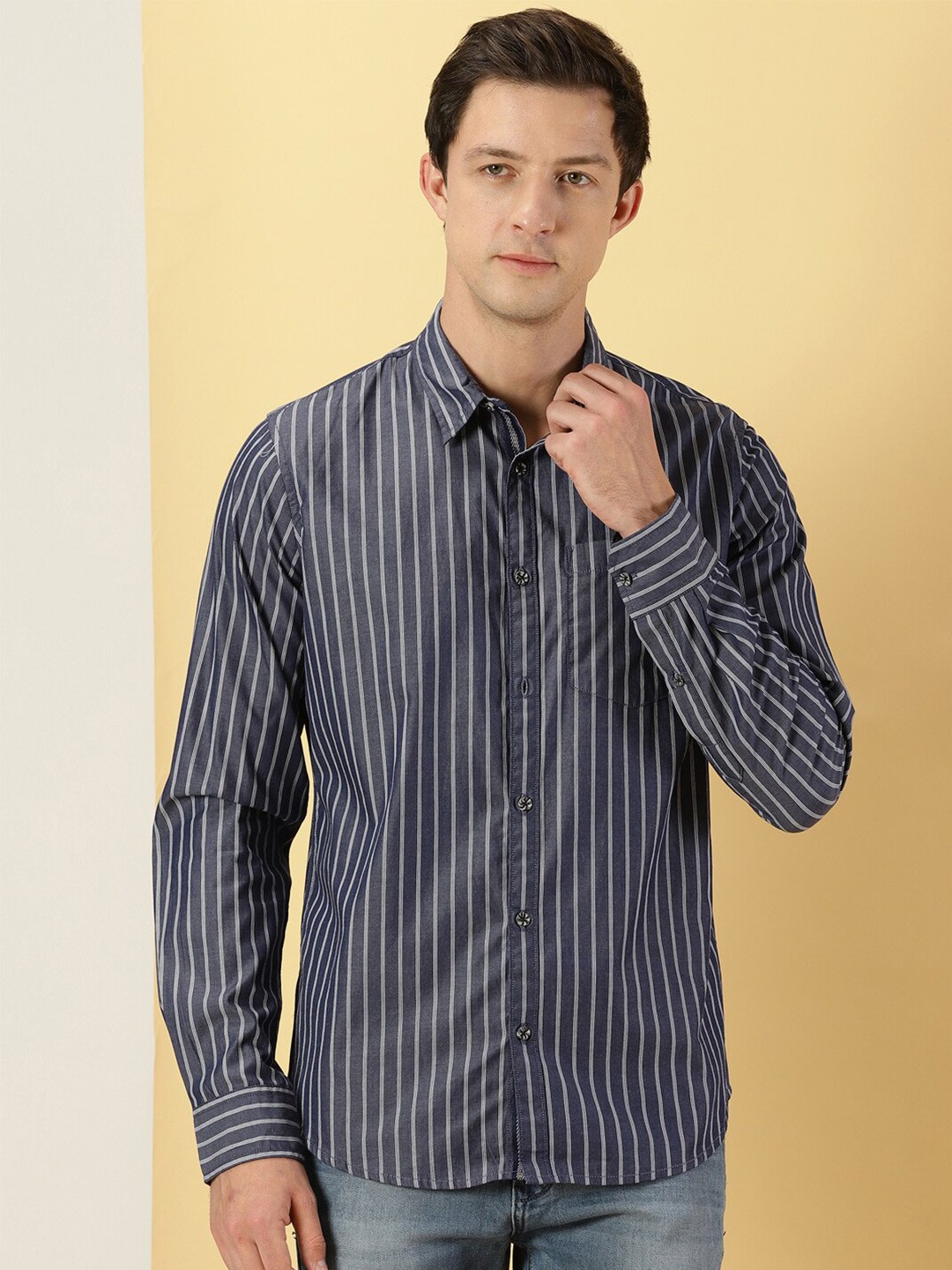 

Thomas Scott Standard Slim Fit Vertical Striped Cotton Casual Shirt, Navy blue