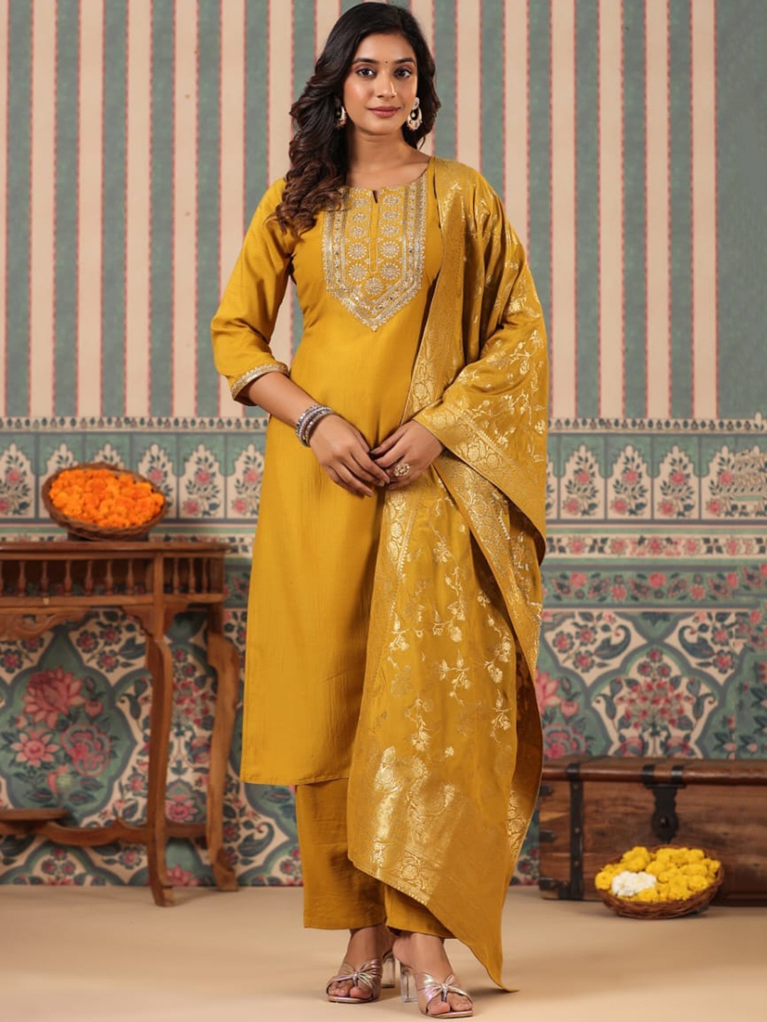 

KAJREE Ethnic Motifs Embroidered Regular Kurta with Salwar & With Dupatta, Yellow