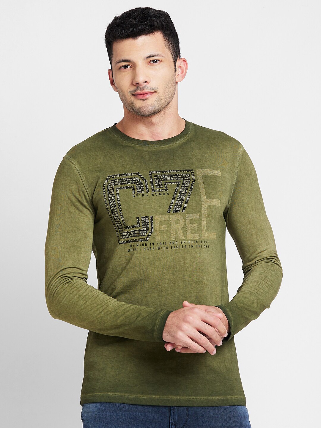 

Being Human Typography Printed Cotton T-shirt, Olive