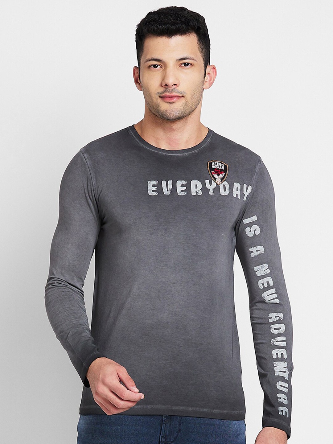 

Being Human Typography Printed Round Neck Long Sleeves Regular T-shirt, Grey