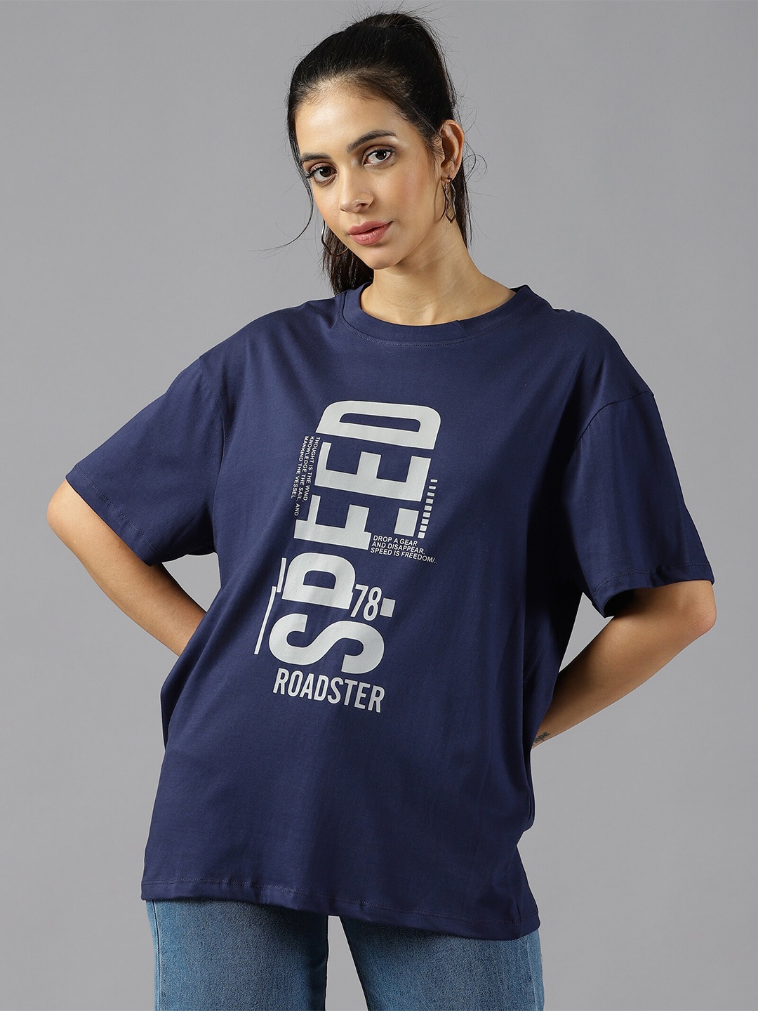 

The Roadster Lifestyle Co. Blue Printed Pure Cotton Oversized T-Shirt
