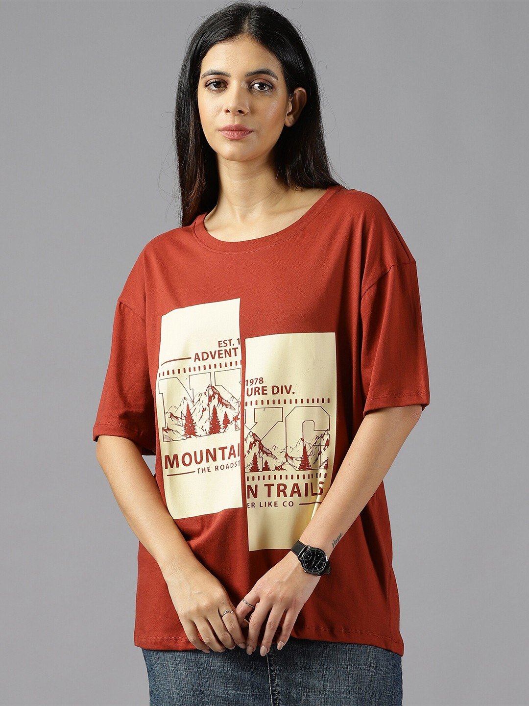 

The Roadster Lifestyle Co. Rust Printed Pure Cotton Oversized T-Shirt
