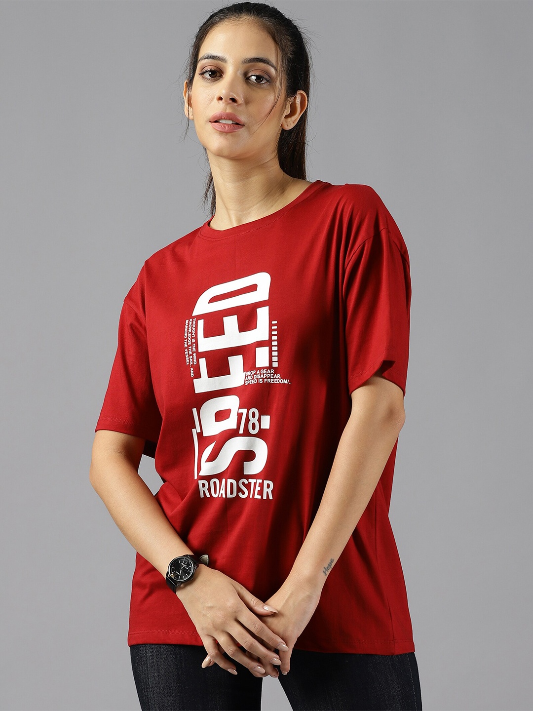 

The Roadster Lifestyle Co. Red Printed Pure Cotton Oversized T-Shirt