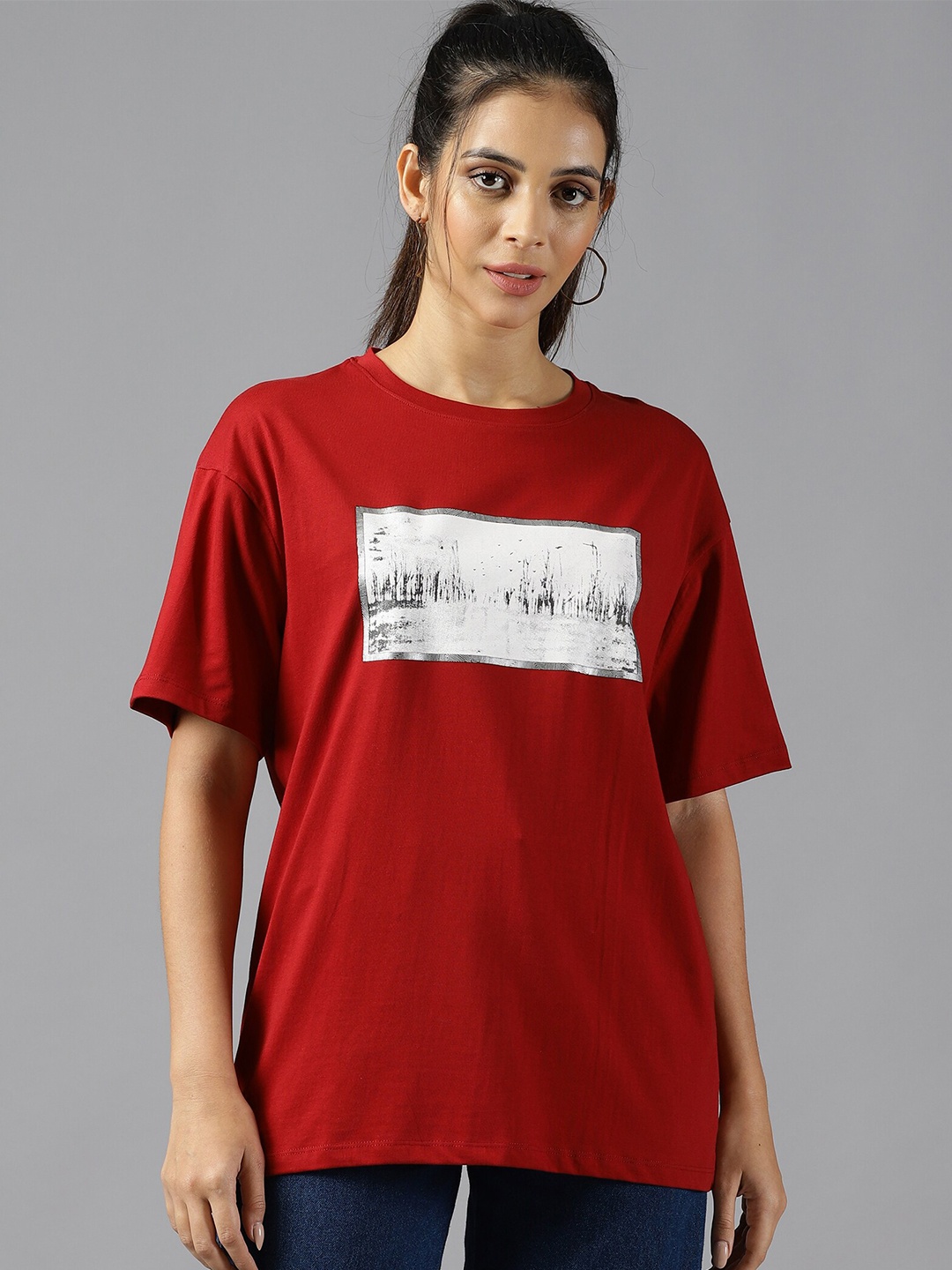 

The Roadster Lifestyle Co. Red Printed Pure Cotton Oversized T-Shirt