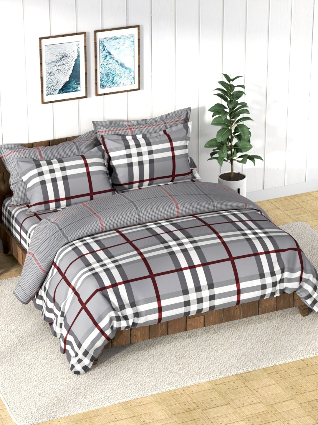 

Nautica Grey Checked Printed AC Room Cotton Bedding Set