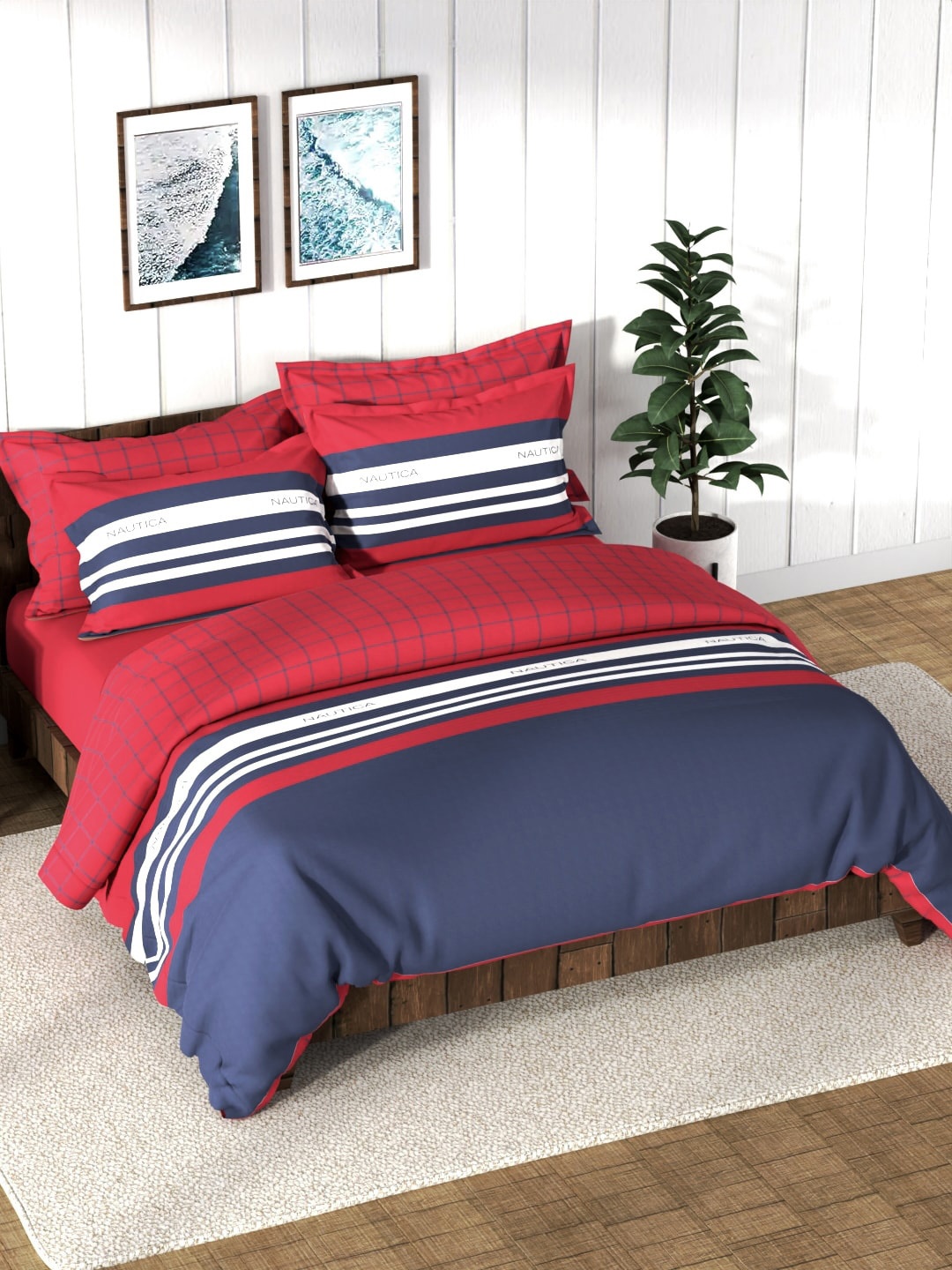 

Nautica Blue Striped Printed AC Room Cotton Bedding Set