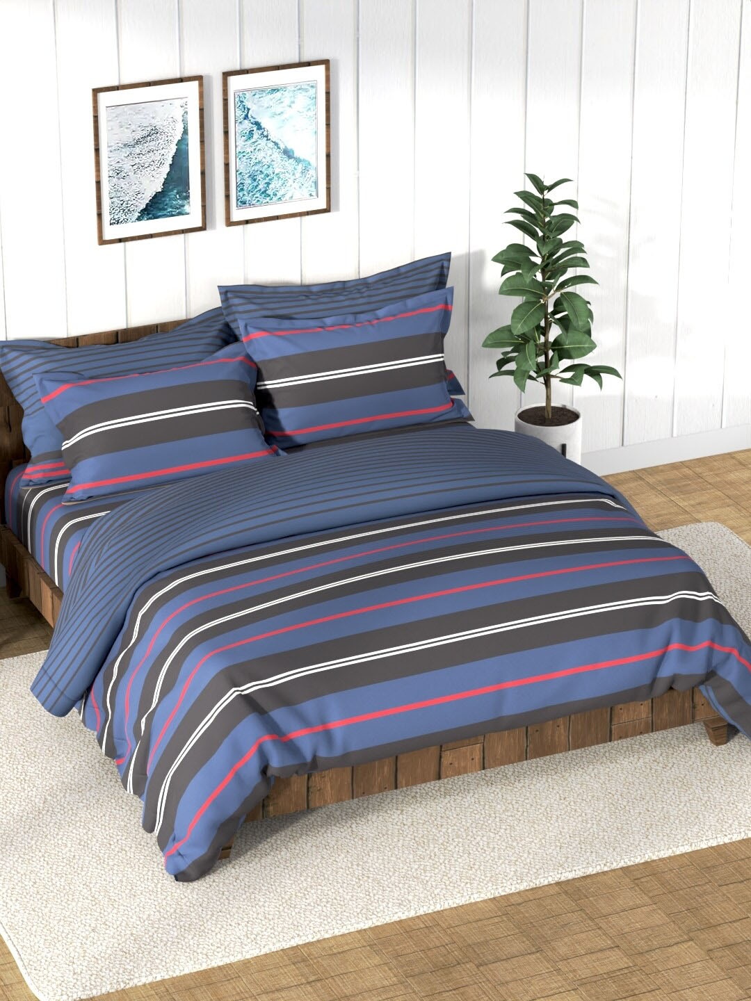 

Nautica Blue Striped Printed AC Room Cotton Bedding Set