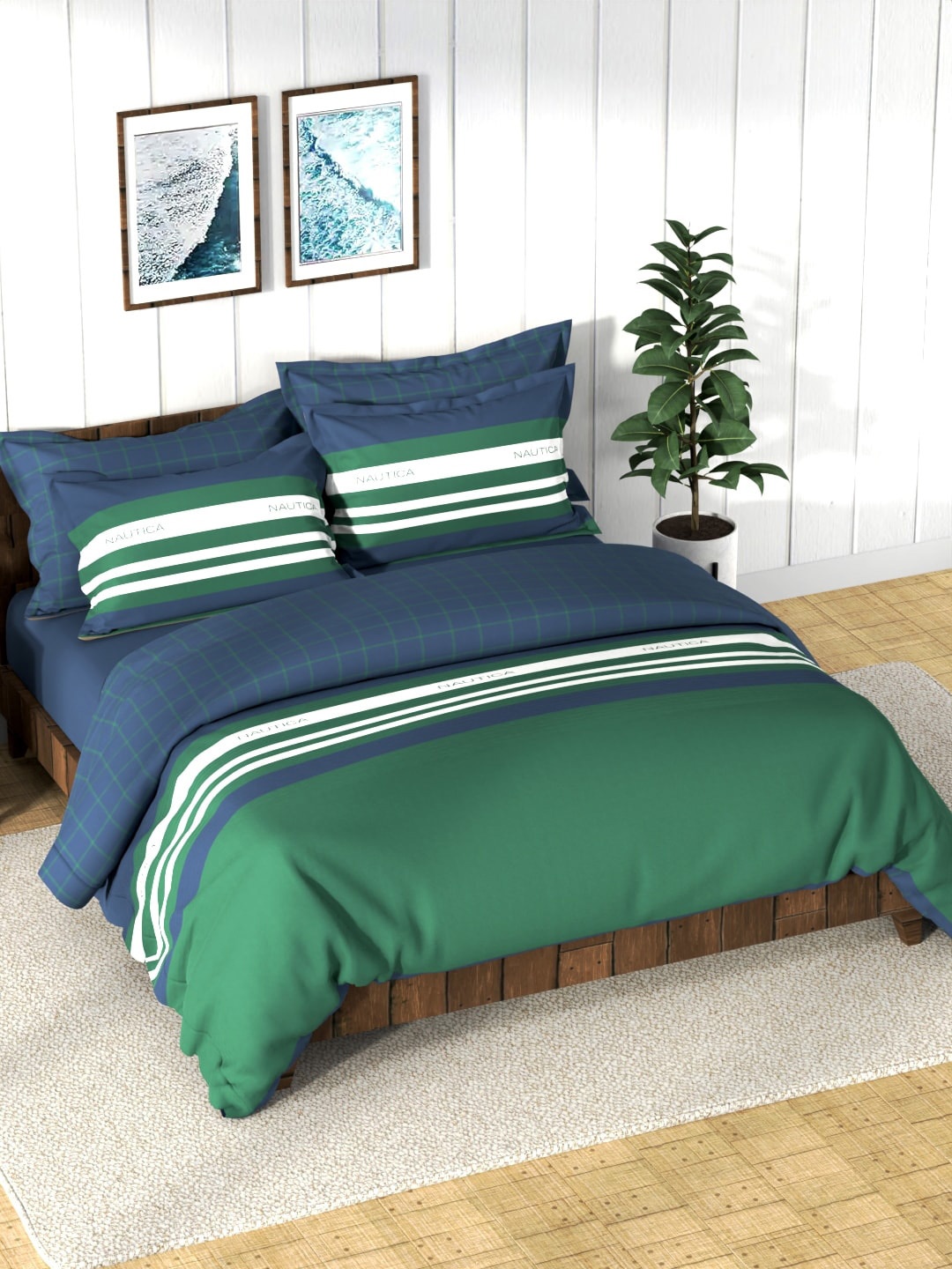 

Nautica Green Striped Printed AC Room Cotton Bedding Set