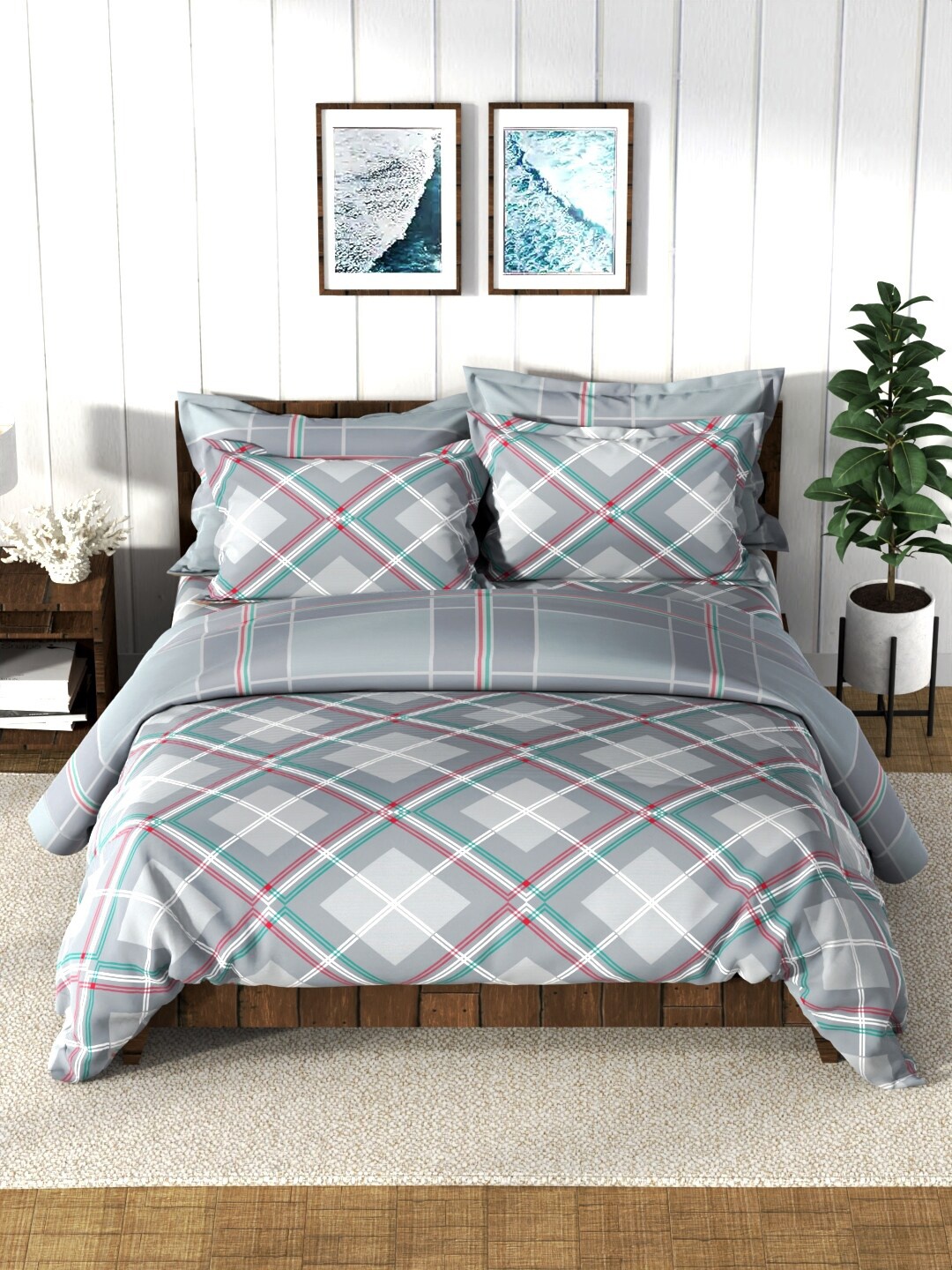 

Nautica Grey Checked Printed AC Room Cotton Bedding Set