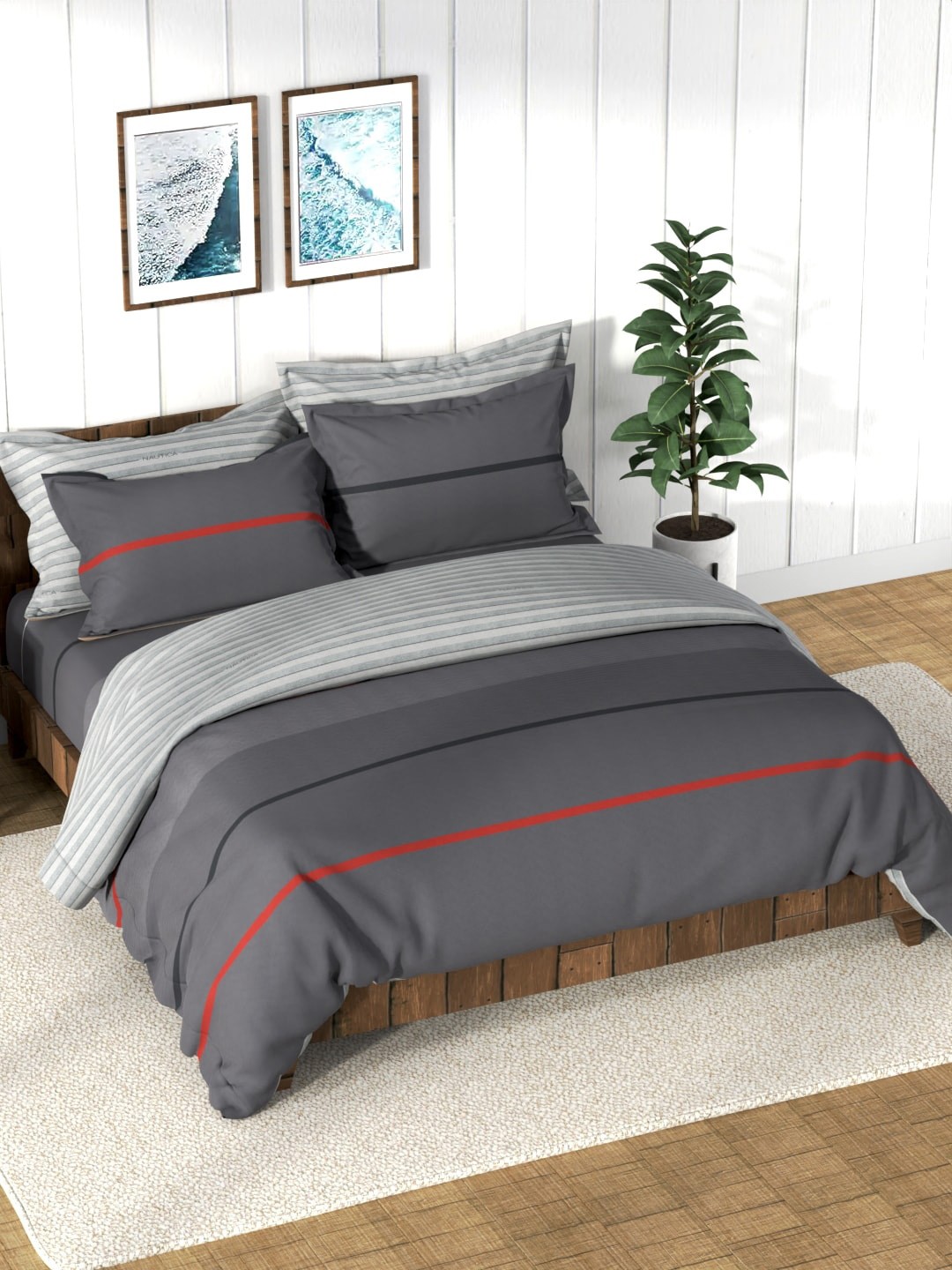 

Nautica Grey Striped Printed AC Room Cotton Bedding Set