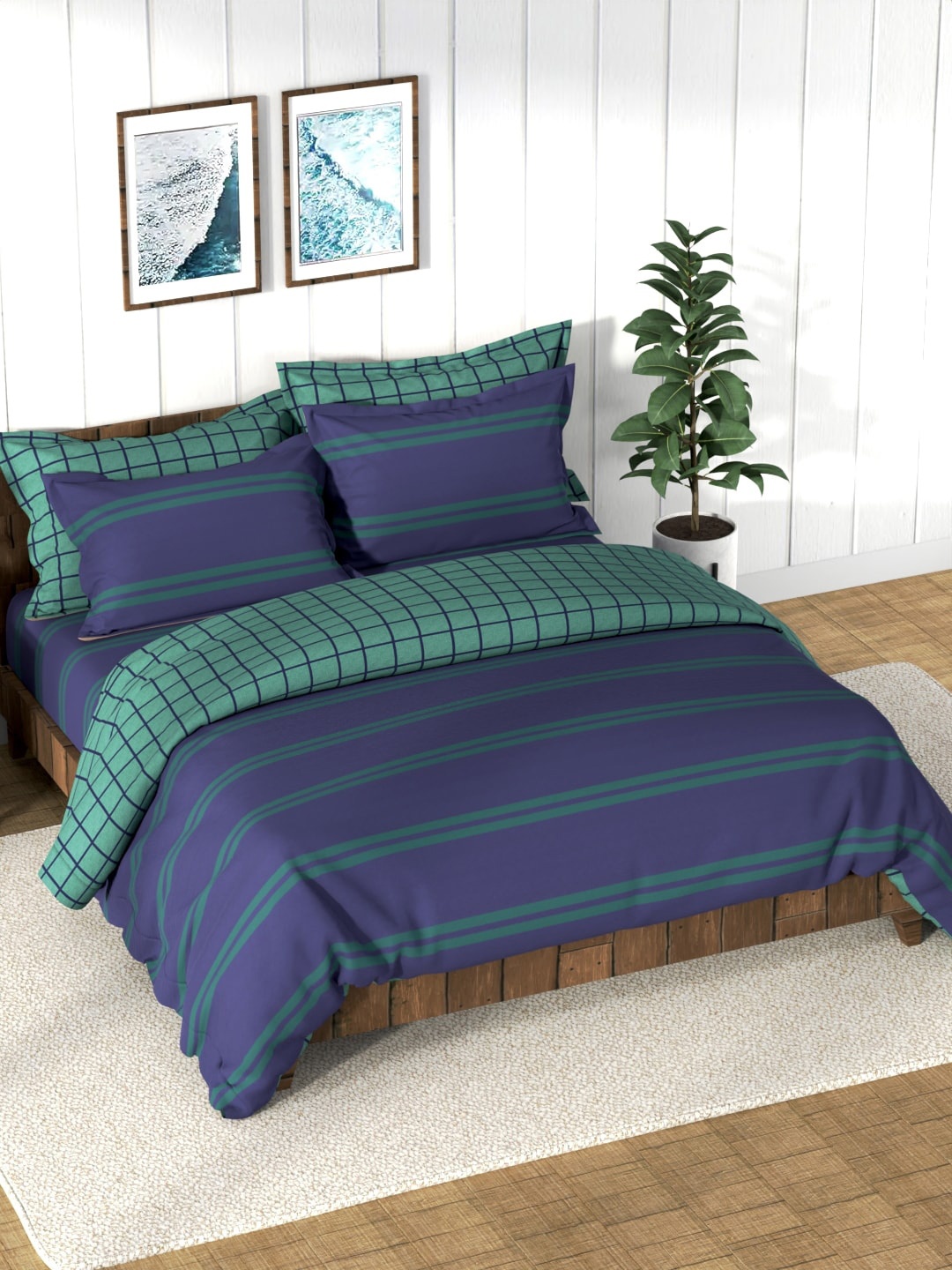 

Nautica Green Striped Printed AC Room Cotton Bedding Set