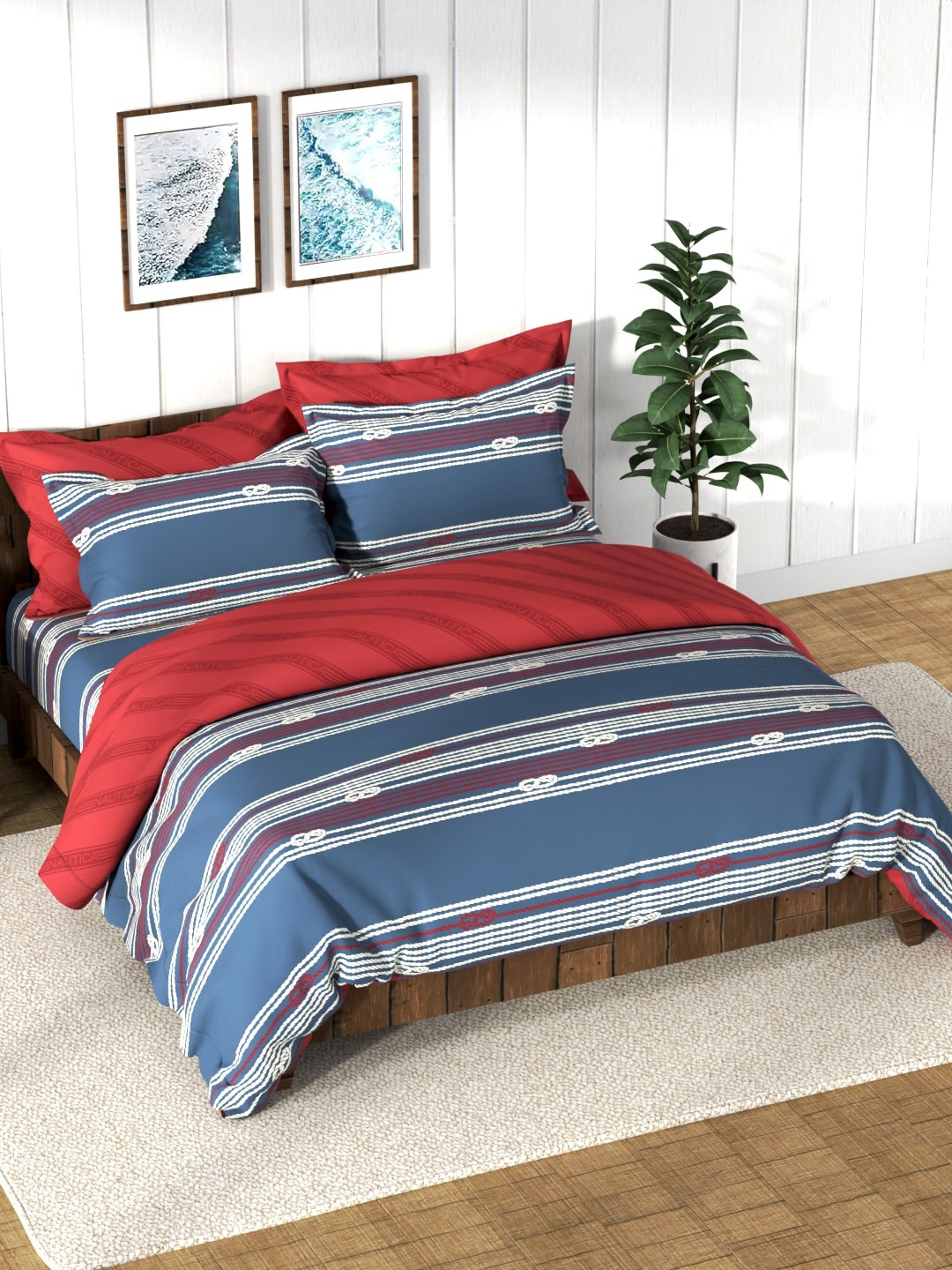 

Nautica Navy Blue Striped Printed AC Room Cotton Bedding Set