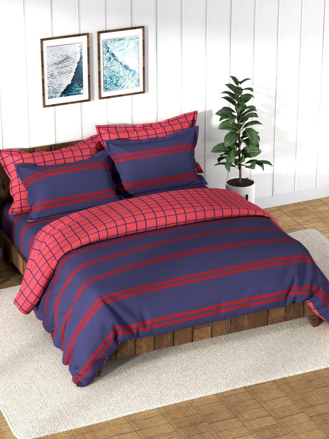 

Nautica Red Striped Checked AC Room Cotton Bedding Set