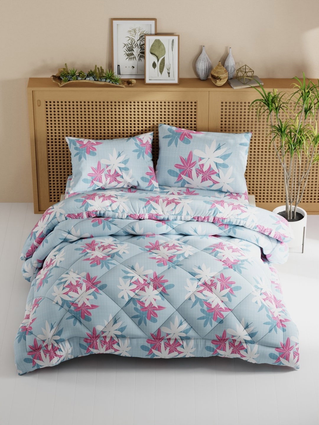 

BIANCA Blue & Pink Floral Cotton Fine Double King Bedding Set