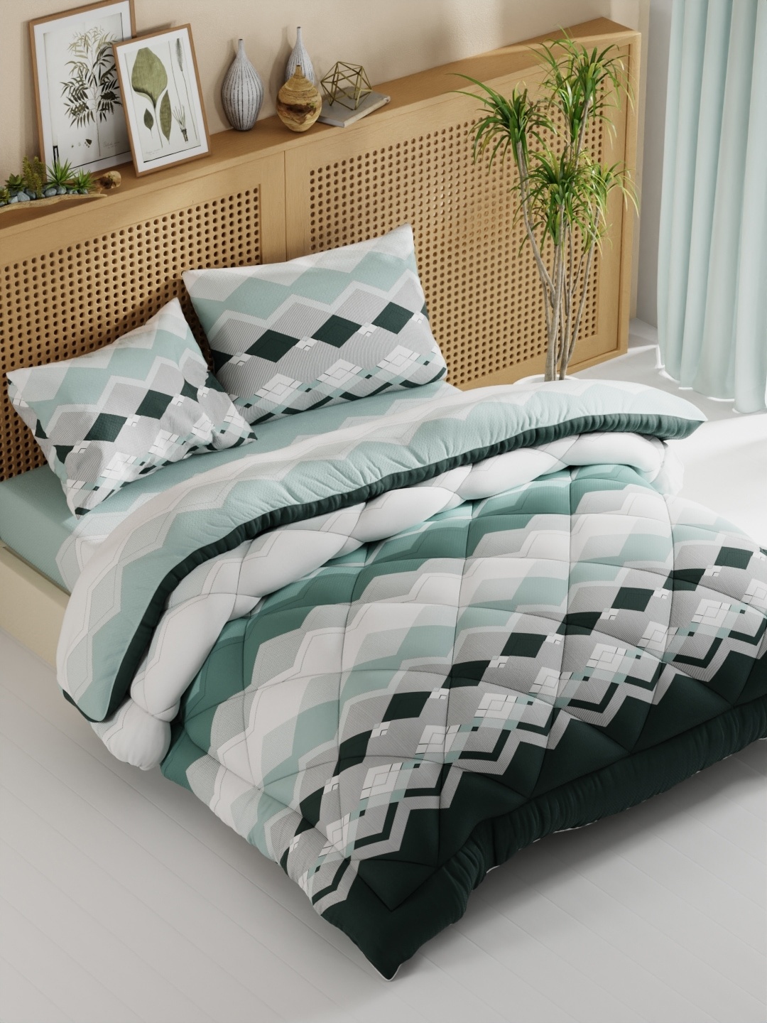 

BIANCA Sea Green White Geometric Printed AC Room Bedding Set