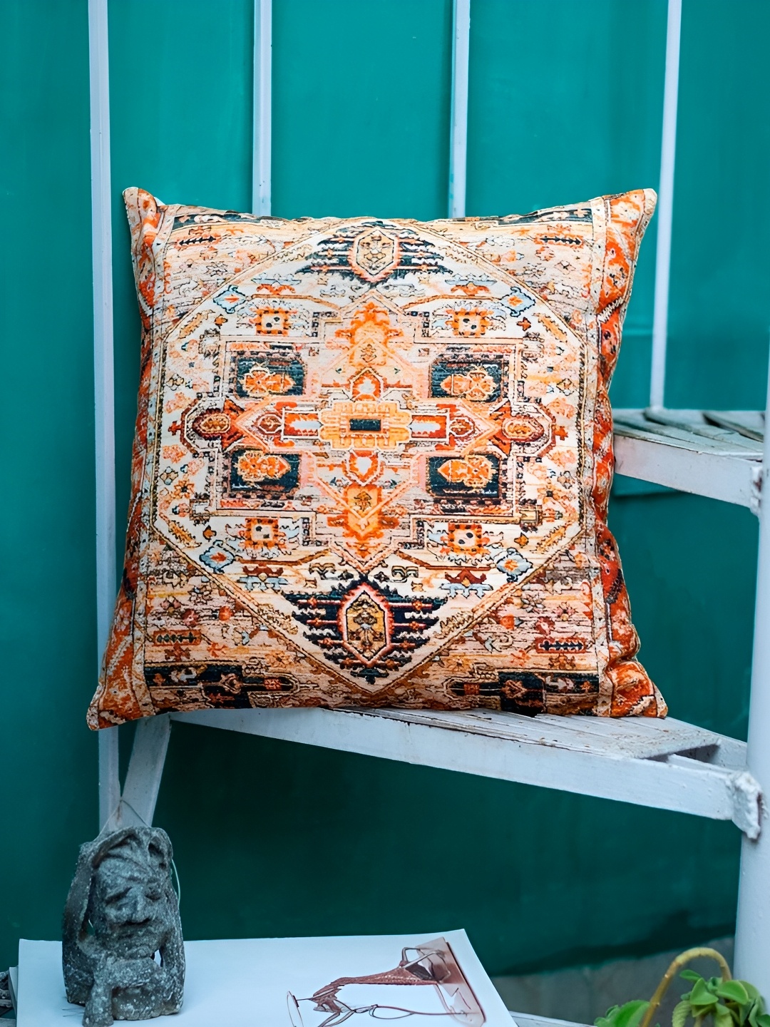 

ABSTRACT INDIA Orange Coloured & Beige Ethnic Motifs Printed Cotton Square Cushion Cover