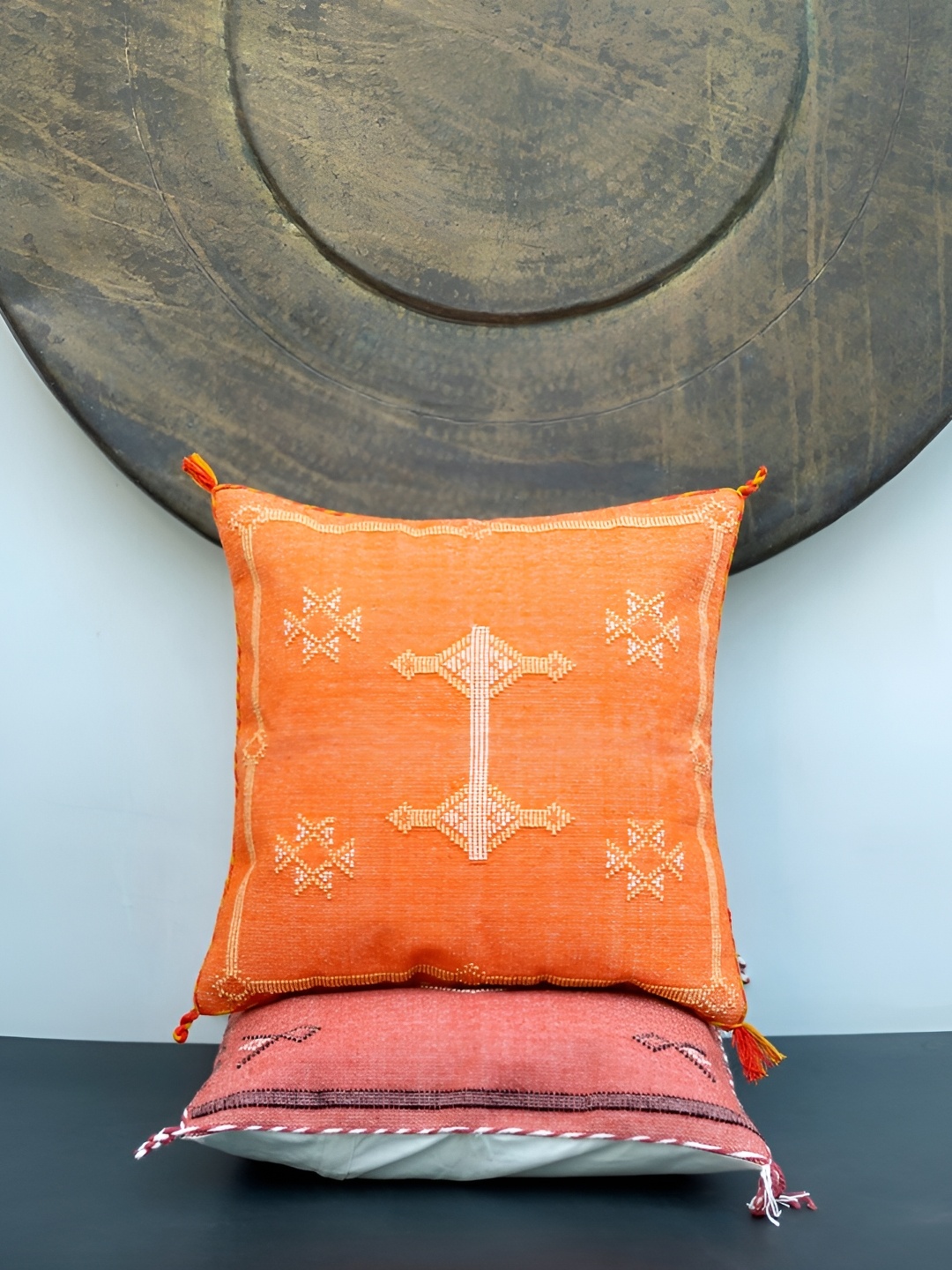 

ABSTRACT INDIA Orange Geometric Embroidered Square Cushion Covers