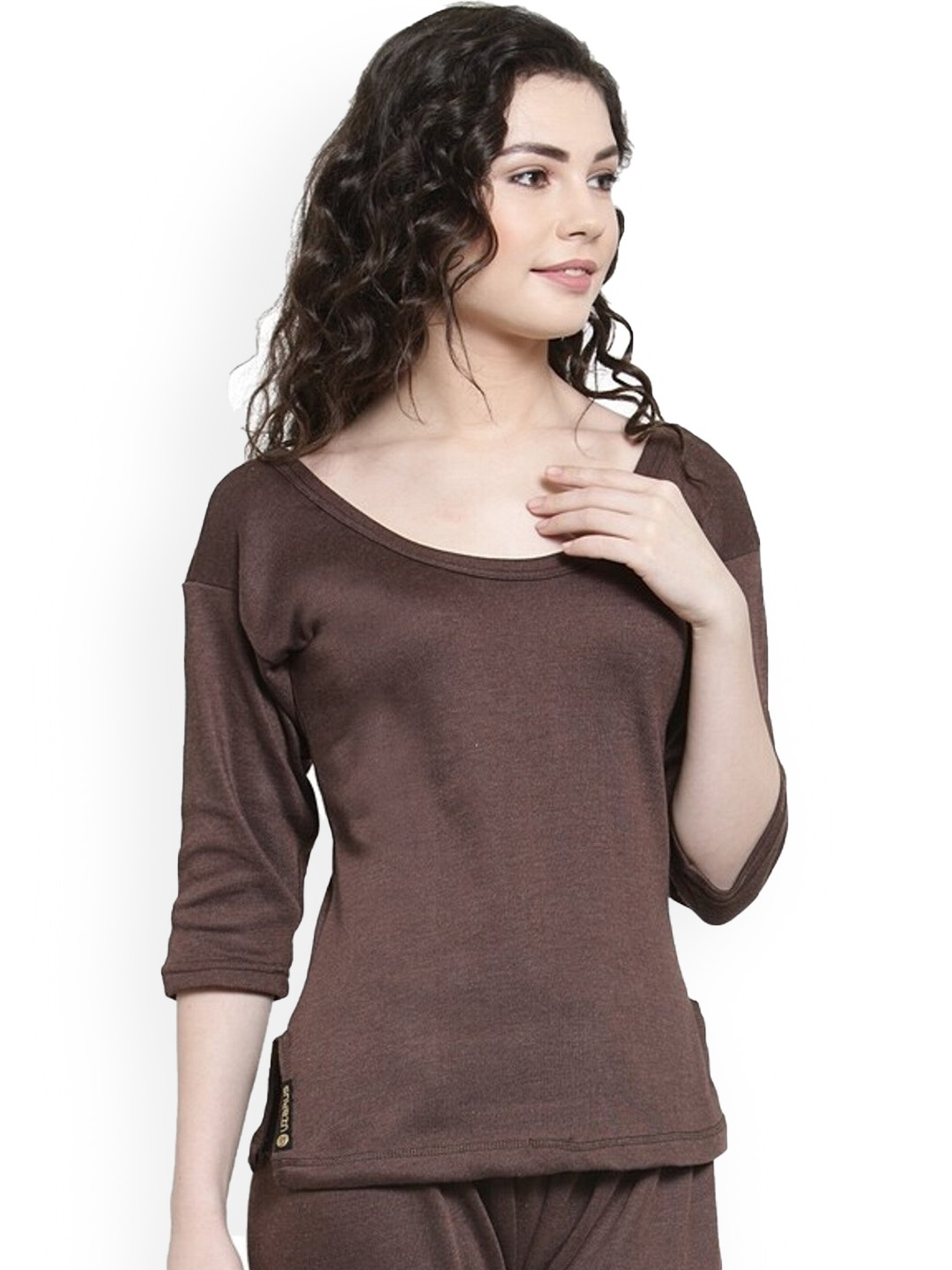 

UZARUS Round Neck Cotton Thermal Tops, Coffee brown