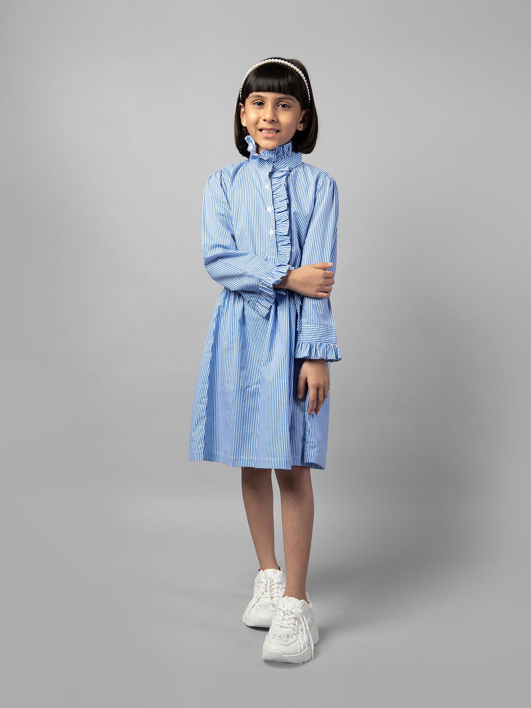 

ZIP ZAP ZOOP Girls Striped Mock Neck Tie-Ups Cotton A-Line Dress, Blue