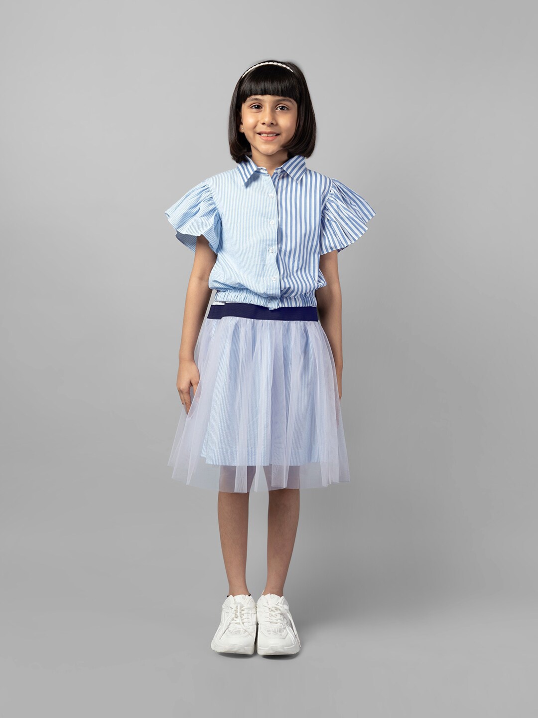 

ZIP ZAP ZOOP Girls Striped Shirt Collar Gathered Cotton Fit & Flare Dress, Blue