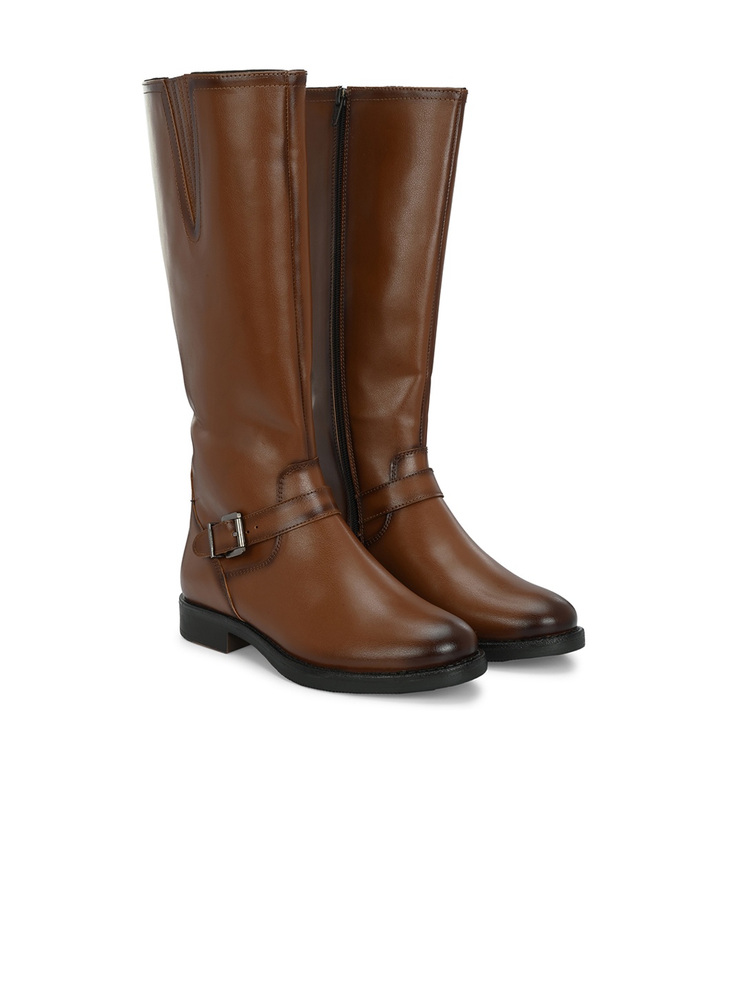 

Delize Women High Top Knee Block-Heeled Regular Boots With Buckle Detail, Tan