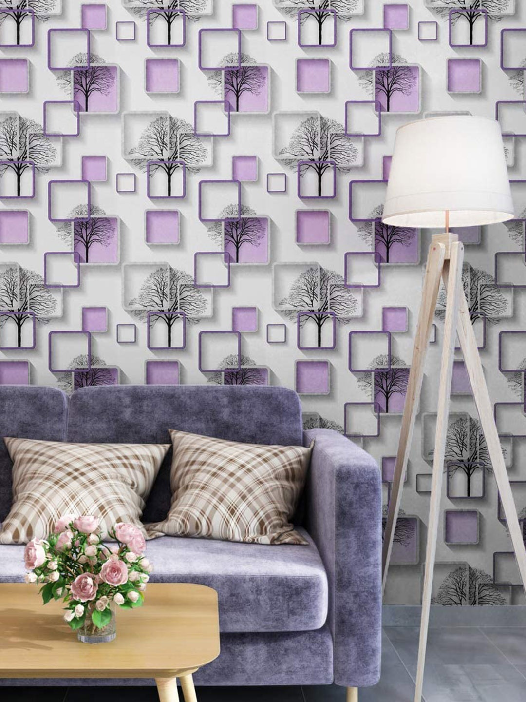

KAAF White & Purple Box Printed Self Adhesive Wallpaper