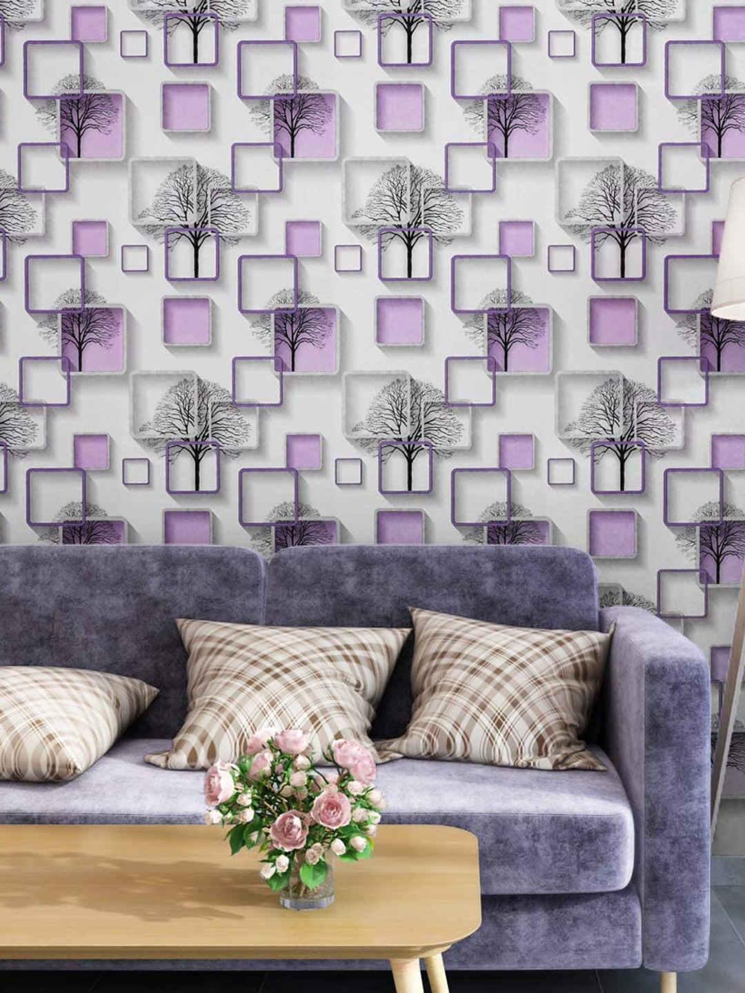 KAAF White & Purple Box Printed Self Adhesive Wallpaper