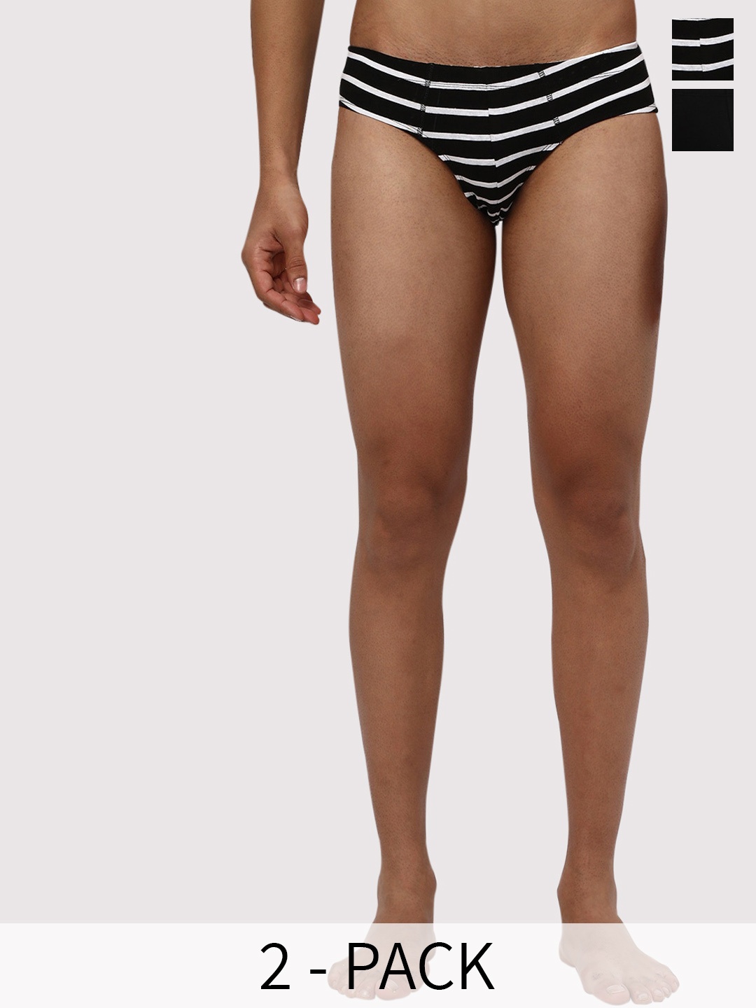

R&B Men Pack Of 2 Striped Low-Rise Cotton Basic Briefs 8909006068897, Black