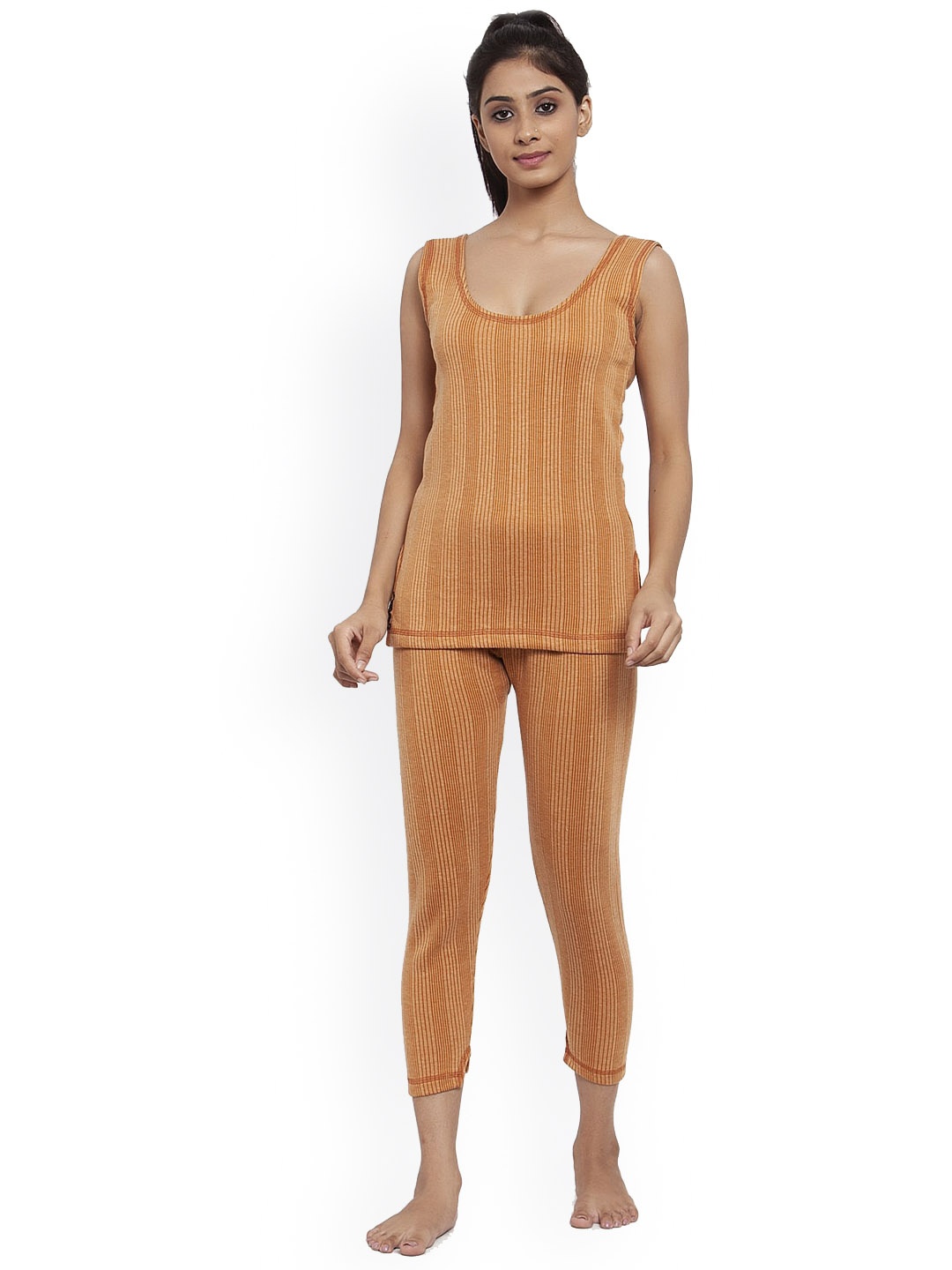 

UZARUS Striped Sleeveless Cotton Top & Capri, Brown
