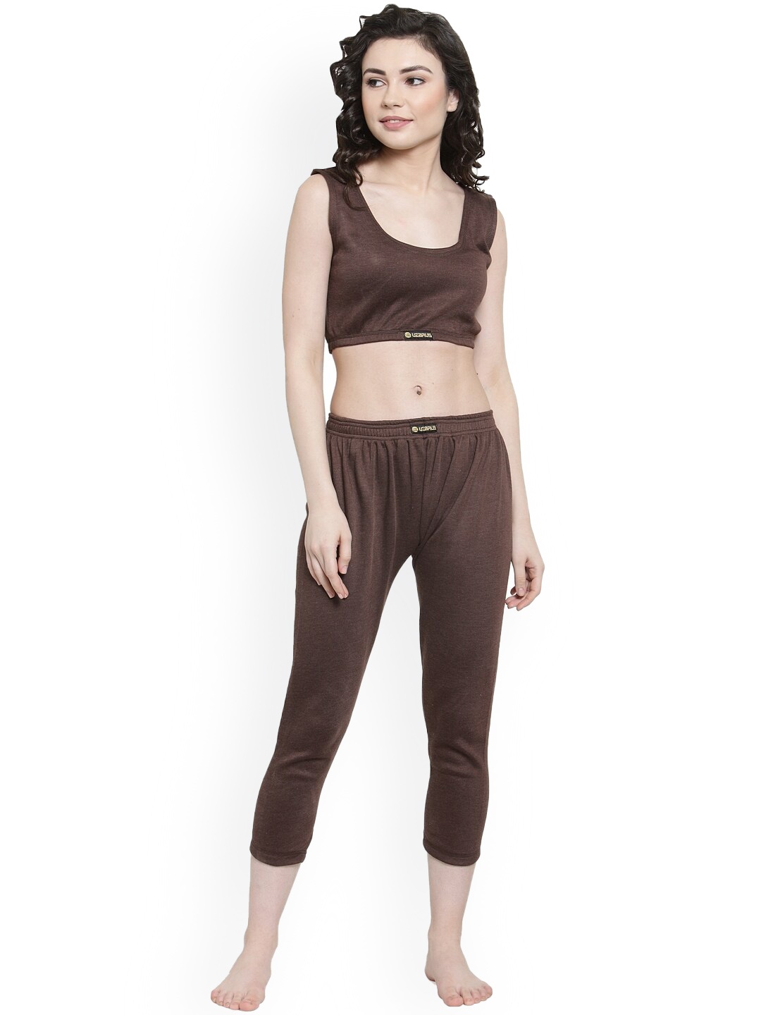 

UZARUS Sleeveless Cotton Crop Top & Capri, Coffee brown