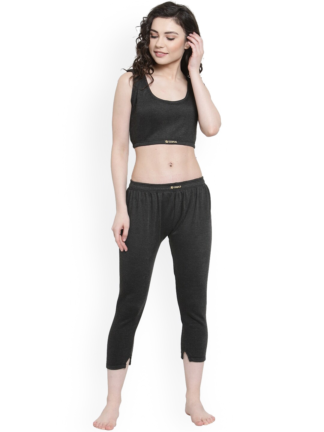 

UZARUS Sleeveless Cotton Crop Top & Capri, Black