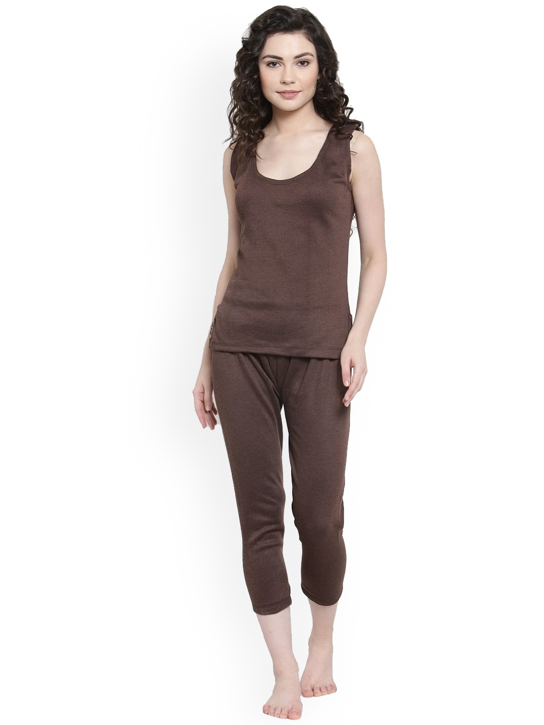 

UZARUS Round Neck Sleeveless Cotton Top & Capri, Coffee brown