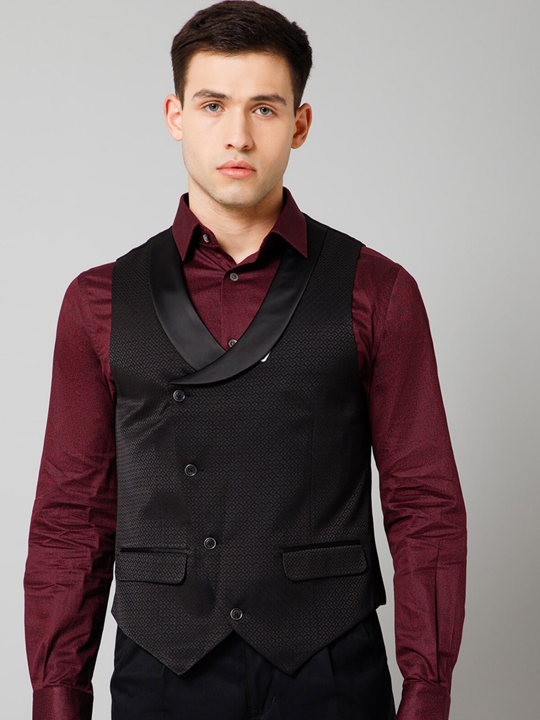 

Cantabil Self Design Shawl Lapel Sleeveless Formal Waistcoat, Black