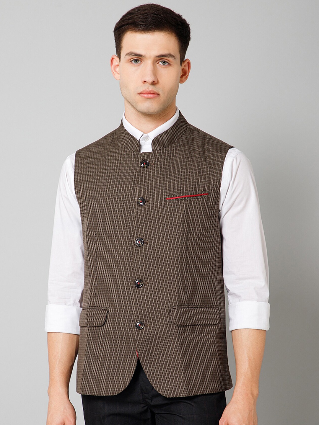 

Cantabil Self Design Band Collar Formal Waistcoat, Brown