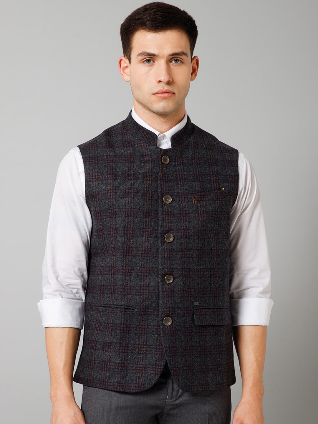 

Cantabil Checked Band Collar Formal Waistcoat, Olive