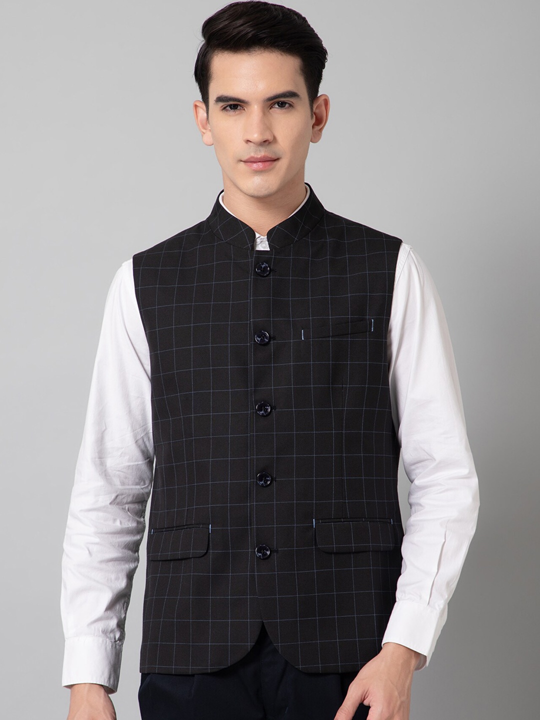 

Cantabil Checked Band Collar Formal Waistcoat, Black