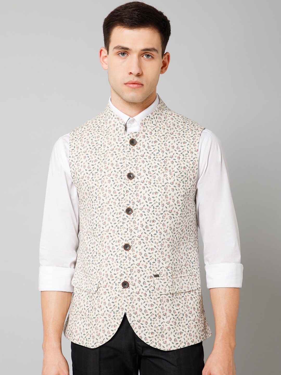 

Cantabil Floral Printed Band Collar Cotton Linen Formal Waistcoat, Beige