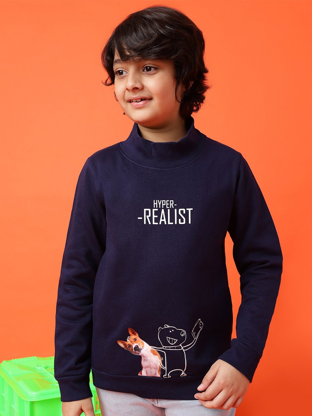

TALES & STORIES Boys Typography Printed High Neck Pullover, Navy blue