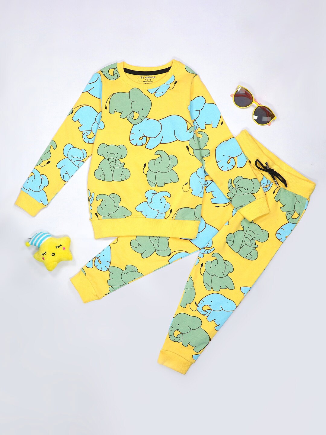 

BE AWARA Kids Printed Pure Cotton T-Shirt With Jogger, Yellow