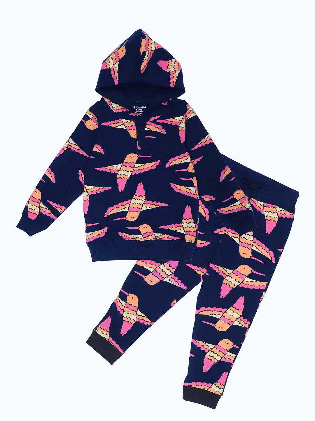 

BE AWARA Kids Printed Pure Cotton Hooded T-Shirt With Jogger, Navy blue