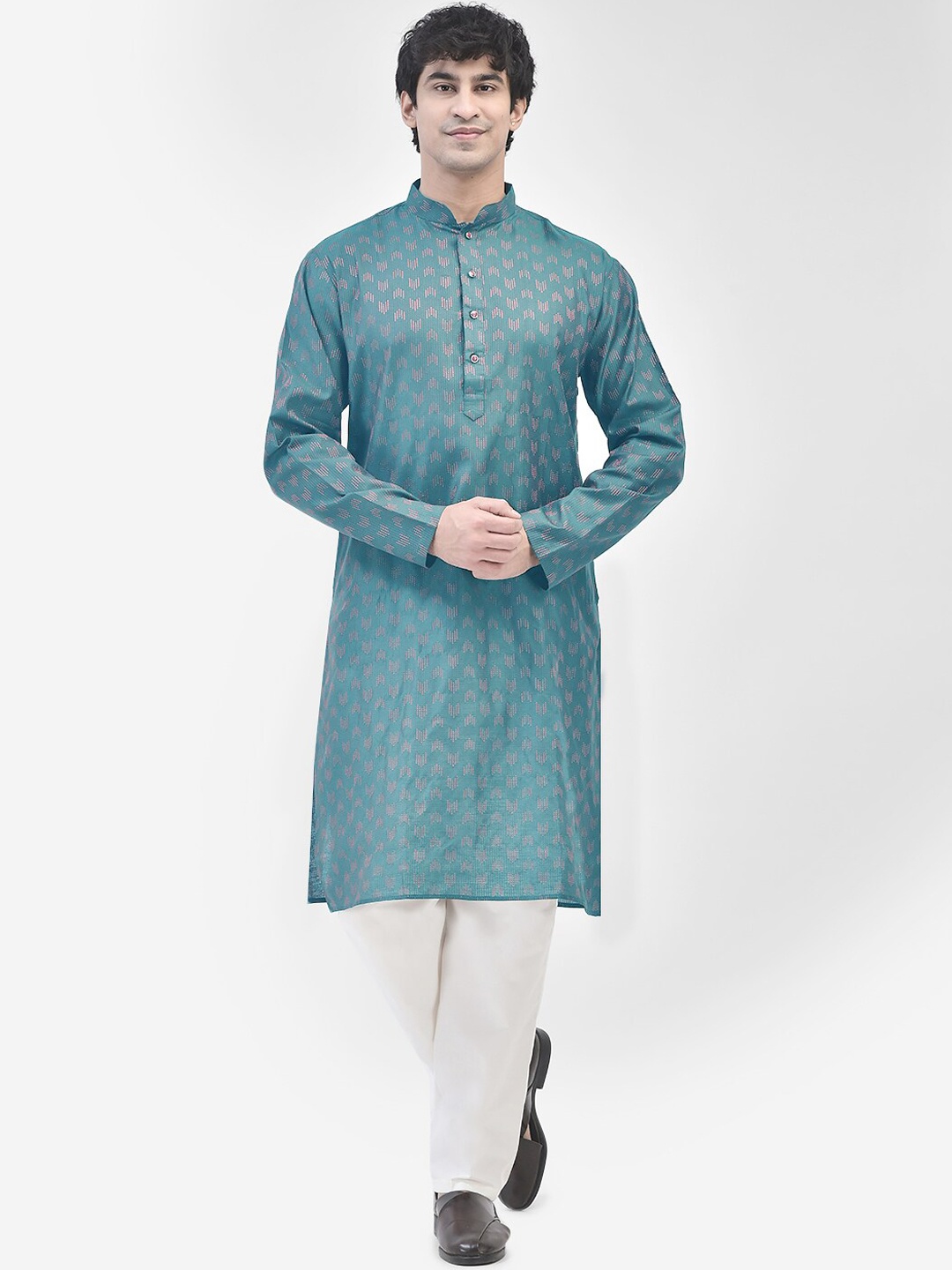 

SG LEMAN Ethnic Motifs Woven Design Mandarin Collar Kurta with Pyjamas, Teal