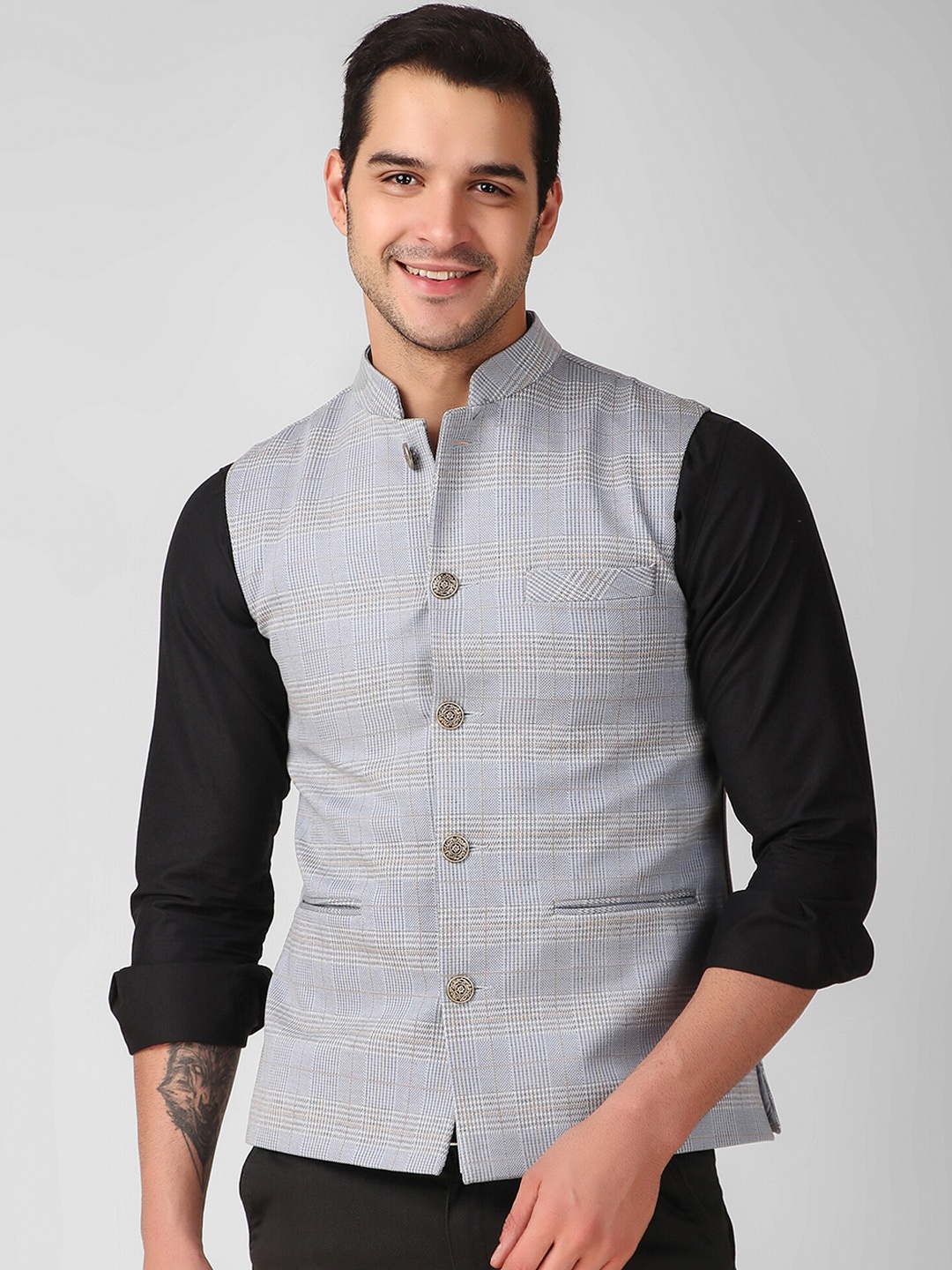 

YOUNG CLUB CLASSIC Checked Woollen Nehru Jacket, Blue