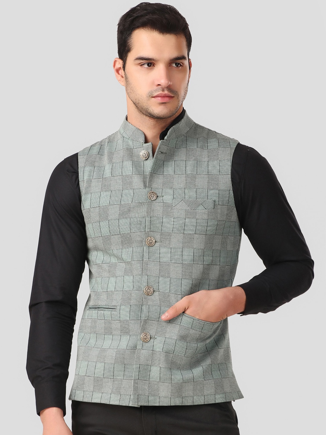 

YOUNG CLUB CLASSIC Checked Woollen Nehru Jacket, Green