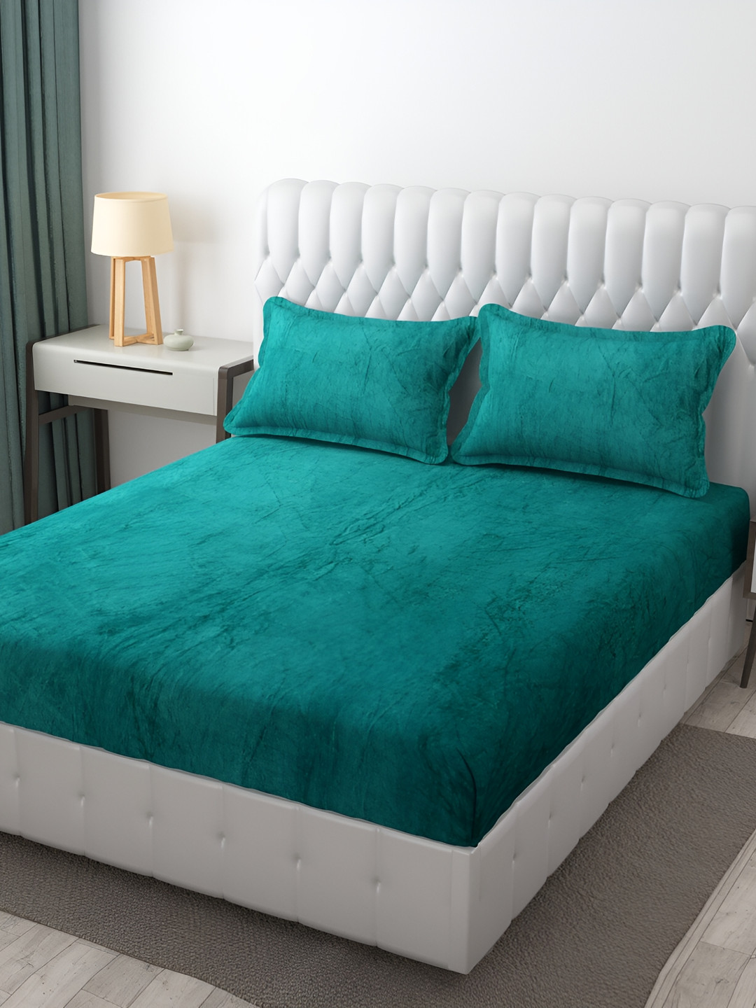 

Furnistitchs Teal 300 TC Warm Winter Elastic Fitted King Bedsheet with 2 Pillow Covers