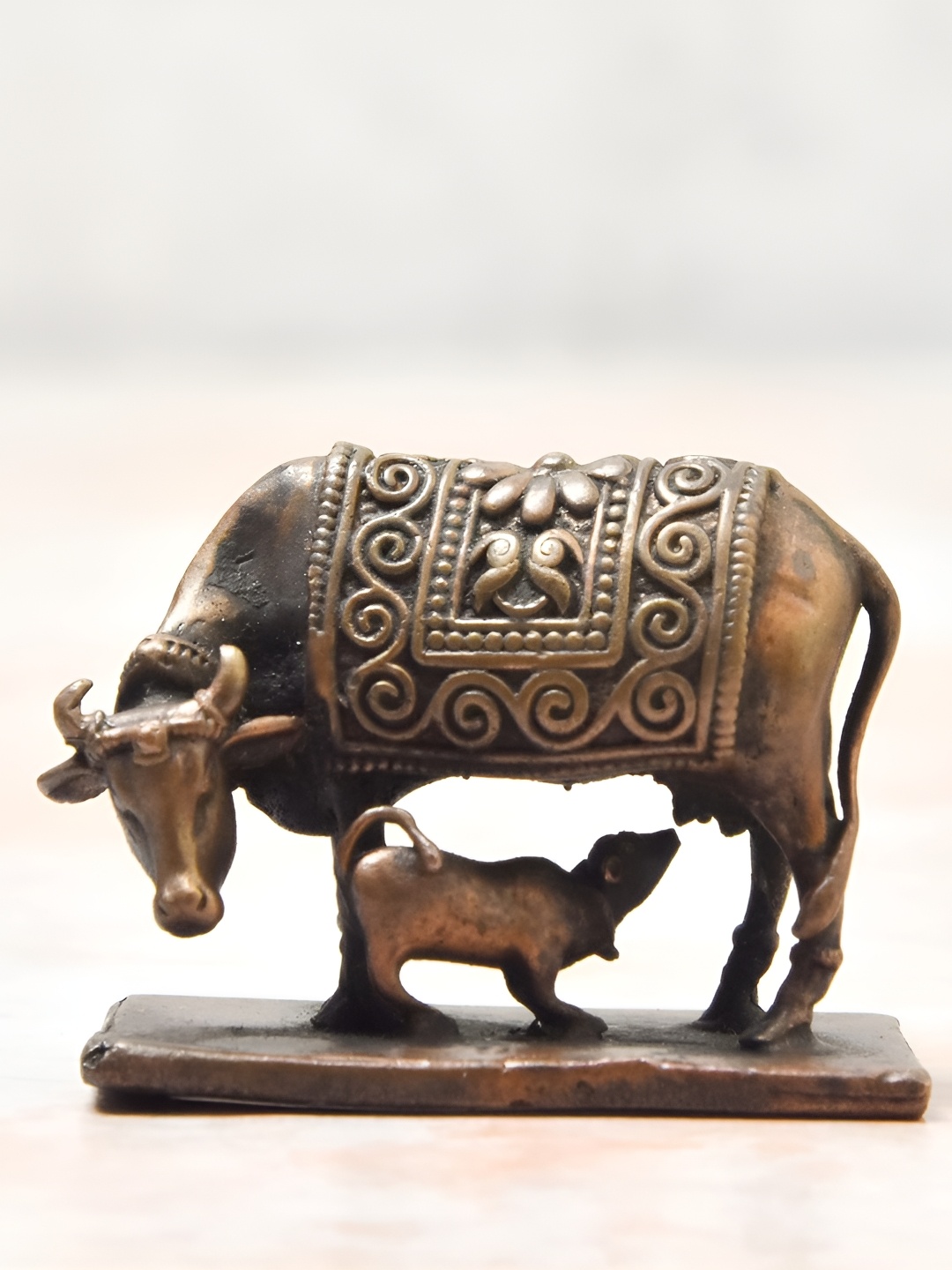 Bhimonee Decor Copper-Toned& Brown Cow And Calf Idol Showpiece