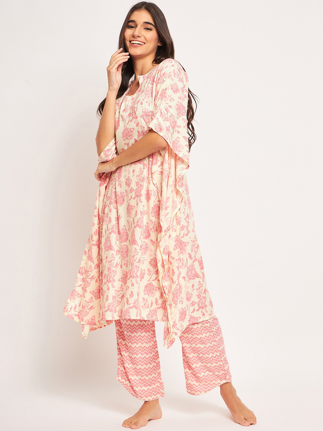 

The Kaftan Company Floral Printed Longline Kaftan With Pyjamas, Pink