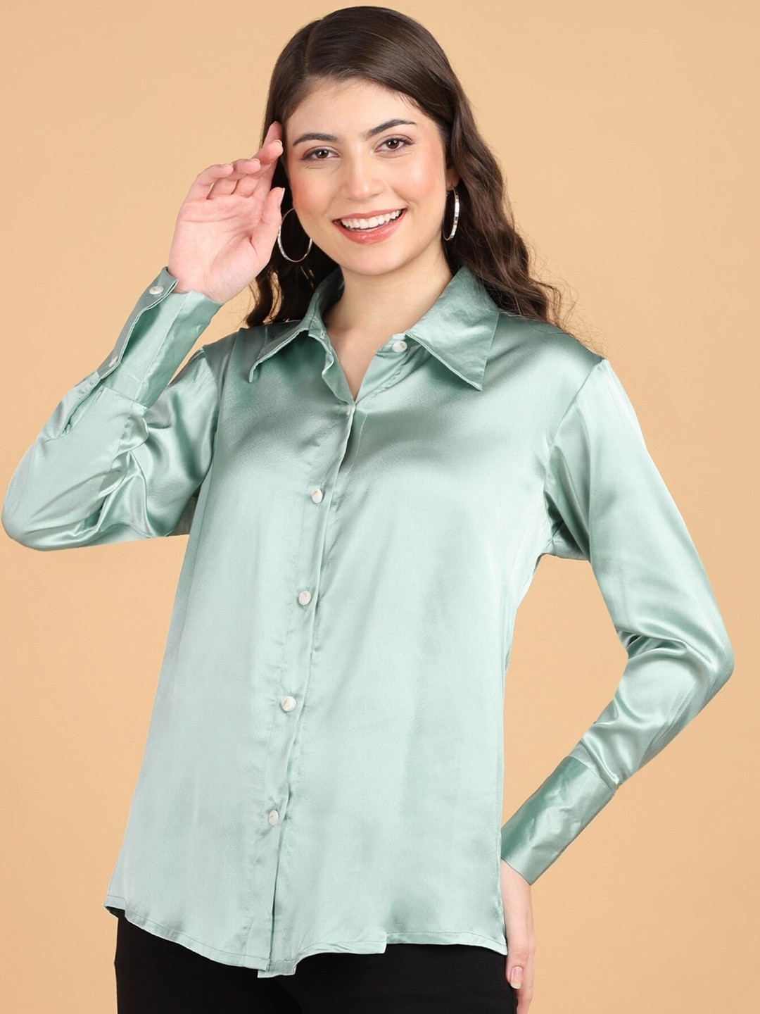 

Popwings Relaxed Spread Collar Satin Casual Shirt, Sea green