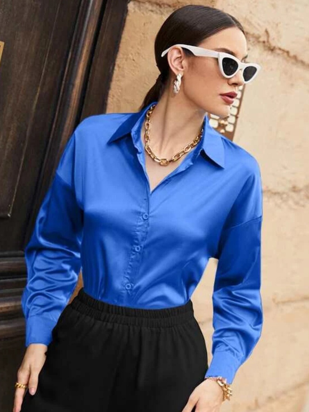 

Popwings Relaxed Spread Collar Satin Casual Shirt, Blue